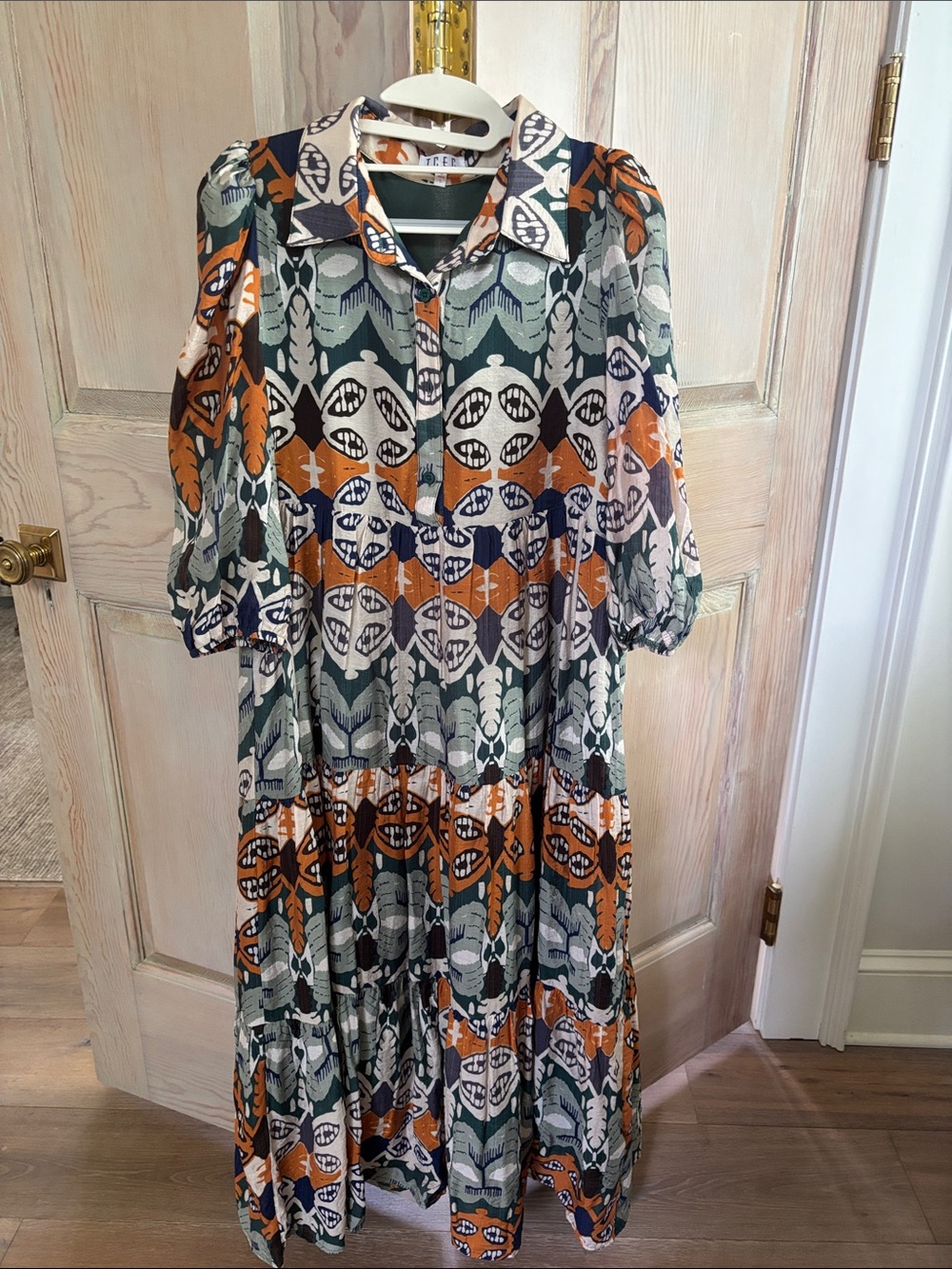 TCEC Printed Button-Front Tiered Maxi Dress in Green & Rust